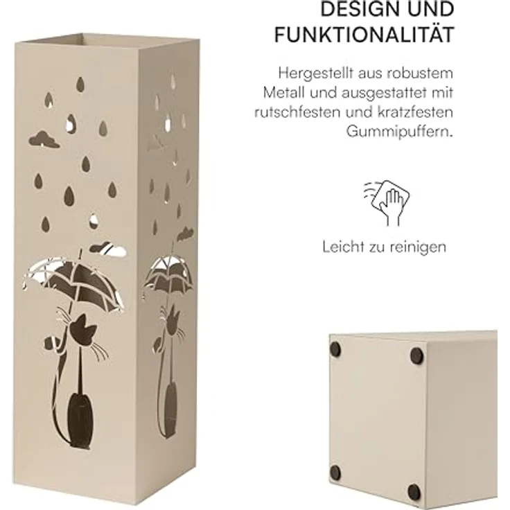 Baroni Home Schirmständer in modernem Design aus Metall mit Cat and Rain-Schnitzerei - mit Haken und herausnehmbarer Auffangschale für Heim- und Bürodekoration, Taupengrau, 15,5x15x49 cm – Bild 4
