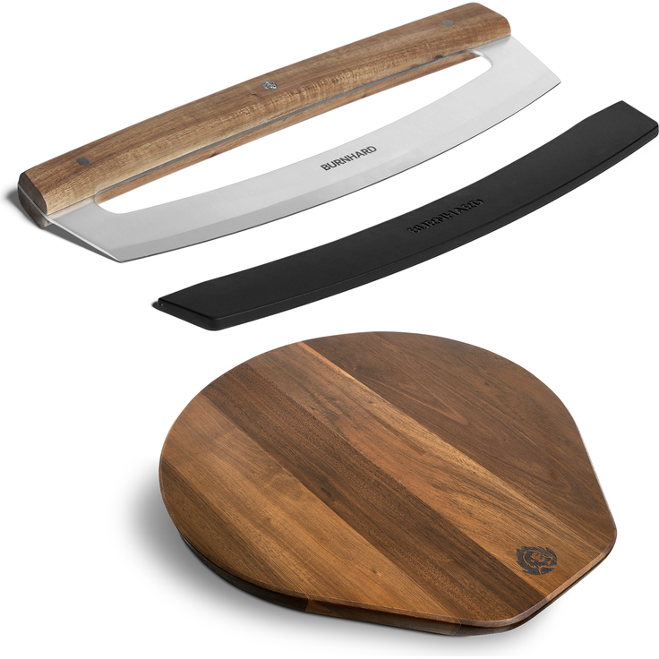 BURNHARD Pizzabrett Bundle mit Wiegemesser, Klingenstahl & Akazienholz, 34 cm ⌀ runder Pizzateller mit Griff - Multi-Color - #946405
