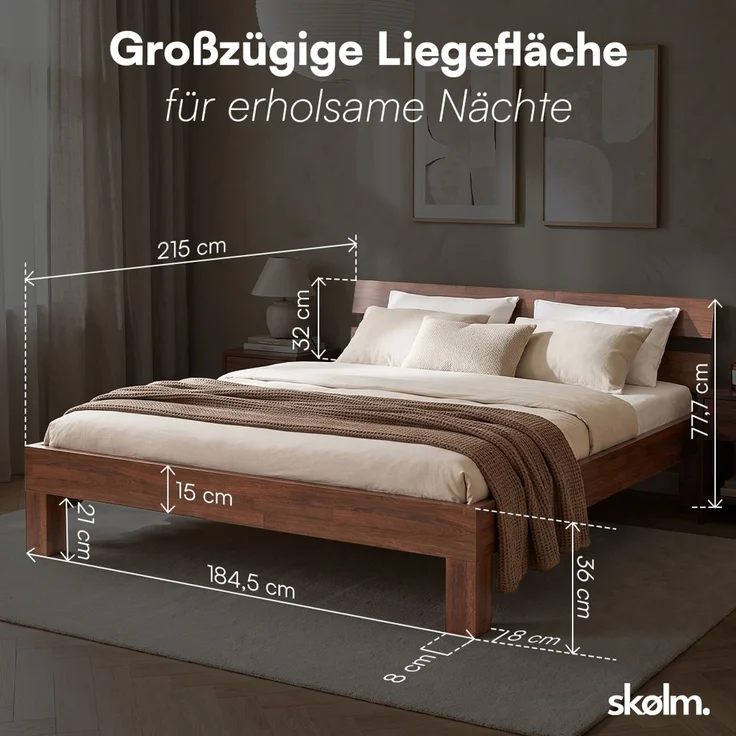 skølm 'Floki' Bett 180x200 cm, Bettgestell aus Eiche, Bettkopf 2 Streben, Massivholzbett lackiert, Walnuss Optik, geeignet als Doppelbett – Bild 9