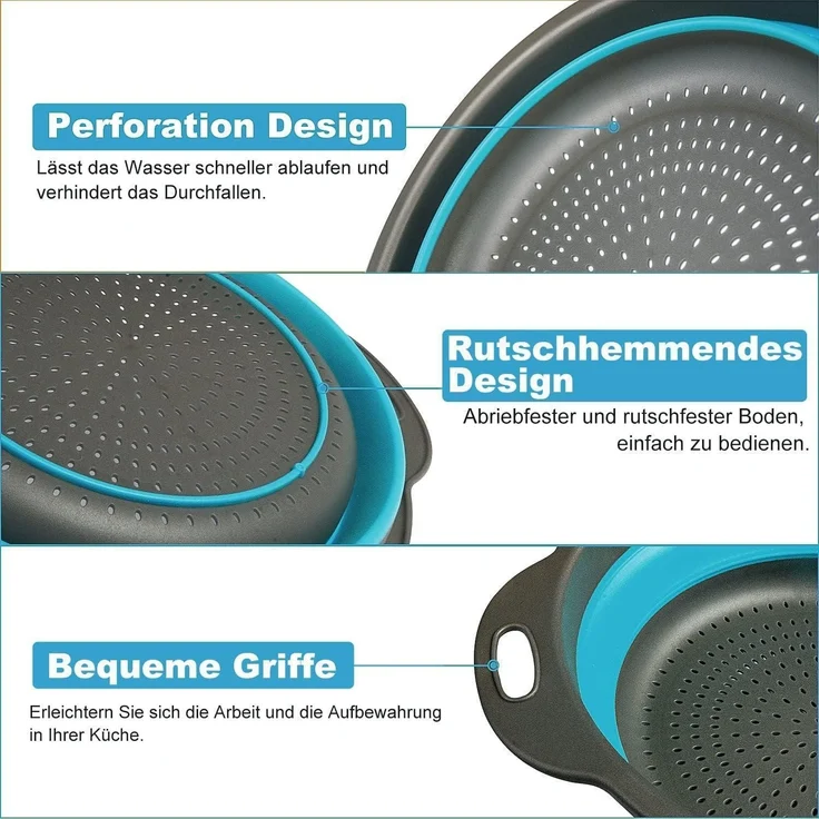 Faltbarer Seiher Sieb Küche Silikon Klappbar Abtropfsieb Nudelsieb Set Blau 3 – Bild 5