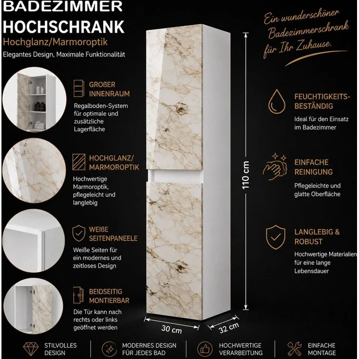 Homeline Badmöbel Set Eiche/Schwarz Kaiser Hochglanz 120 cm Spiegel incl LED (120, 5, 1x Seitenschränke) – Bild 3