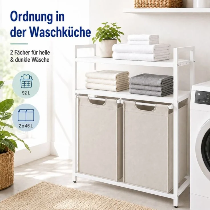 Relaxdays Wäschekorb mit 2 Fächern & Ablagen – Bild 2