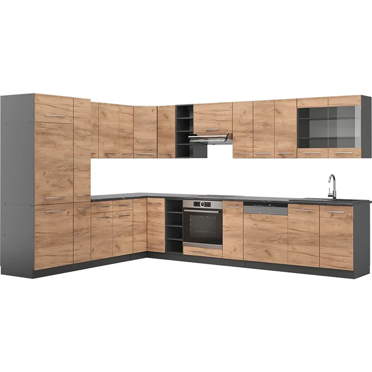 Eckküche Fame-Line Goldkraft Eiche/Anthrazit 347 x 46 cm ohne Arbeitsplatte Vicco
