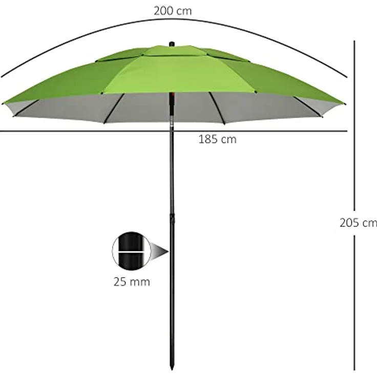 Outsunny Sonnenschirm, UV-Schutz 30+, verstellbar, grün, 185x185 cm, metall, inkl. Tragetasche – Bild 7