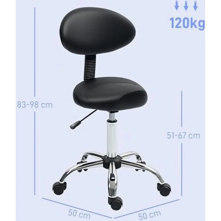 HOMCOM Drehhocker Hocker Bürohocker Sattelhocker mit Rückenlehne (höhenverstellbar Rollhocker, 1 St, 360° drehbar Arbeitshocker), für Büro Salon Massage Spa Schwarz – Bild 3