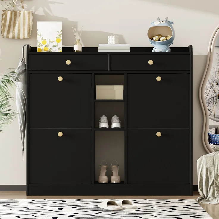 Schuhschrank, Spanplatte mit 4 Klapptüren & 2 Schubladen, 110x26x100 cm, Schwarz