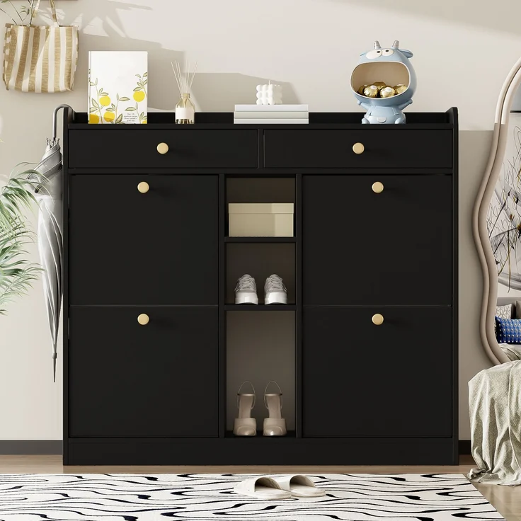 Schuhschrank, Spanplatte mit 4 Klapptüren & 2 Schubladen, 110x26x100 cm, Schwarz – Bild 1