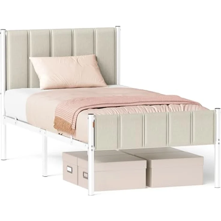 VASAGLE Einzelbettgestell, Bettgestell, 90x200 cm, mit gepolstertem Kopfteil, Bettrahmen, Stahl, trägt bis zu 250 kg, einfache Montage, cappuccinobeige RMB972LH01 – Bild 1