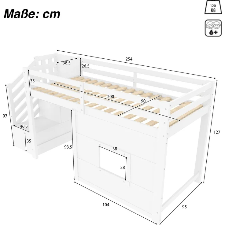 Hochbett mit Lattenrost und LED-Beleuchtung, 90x200 cm, Treppe mit Regal, Kinderbett mit Rausfallschutz, Spielbett, Kiefer – Bild 5