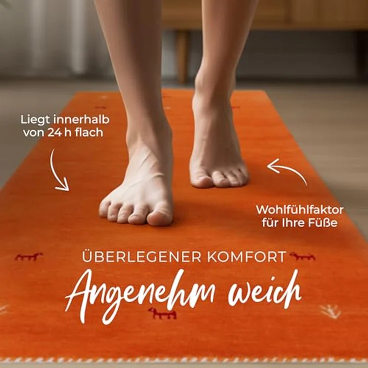 carpetfine 'Gabbeh Uni' Wollteppich, reine Wolle, Orange, 60x180 cm – Bild 6