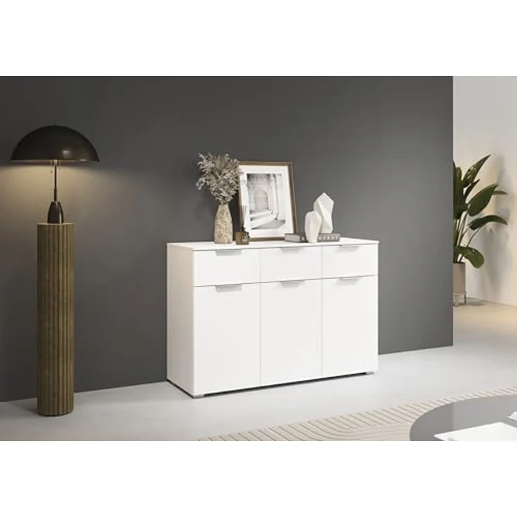 Rauch Möbel Alabama, Kommode für Schlafzimmer, Kinderzimmer, Garderobe, Flur, 3-türig, mit 3 Schubladen, Soft-Close-Fuktion, Farbe Weiß, Griff Alufarben, Maße 120 x 81 x 42 cm – Bild 2