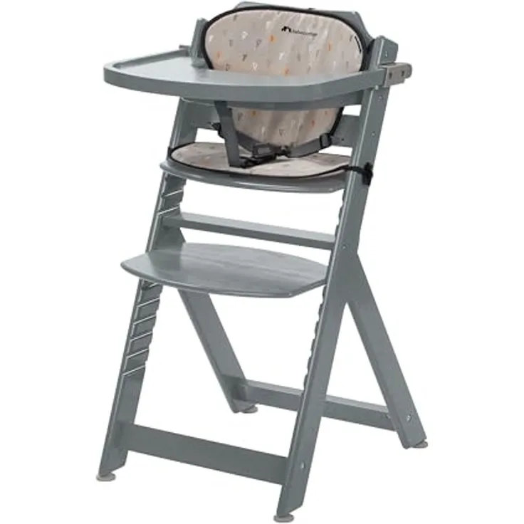 Bebeconfort Timba mit Kissen, Holzhochstuhl, Höhenverstellbar, ab einem Alter von 6 Monaten bis 10 Jahren, bis 30 kg, Warm Grey, mit abnehmbarem 3-Punkt-Sicherheitsgurt