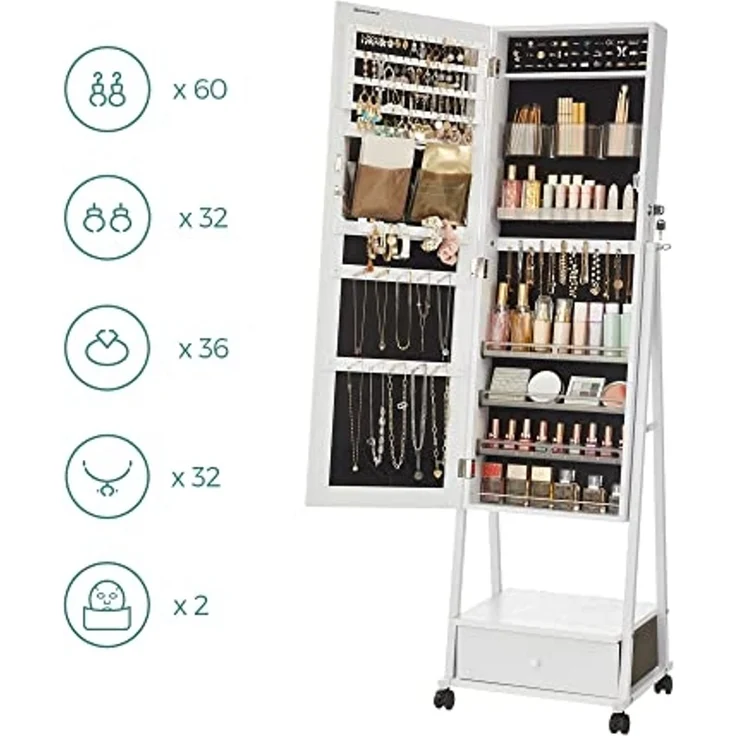Songmics Schmuckschrank, Ganzkörperspiegel, Spiegelschrank, abschließbarer Schmuckorganizer mit Schublade, Rollen, 41,5 x 37 x 152,5 cm, Weiß – Bild 4