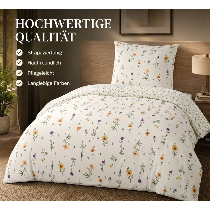 Leonado Vicenti Wendebettwäsche 135x200 Bezug 80x80 Kissen Set Hochwertige Polycotton Beige Blumen, Renforcé, 2 teilig, mit verdecktem Reißverschluss, Wendebettwäsche – Bild 2