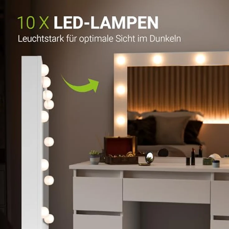 Juskys Schminktisch Talea, Weiß, mit LED-Spiegel, 7 Schubladen, 110x141x40 cm – Bild 3