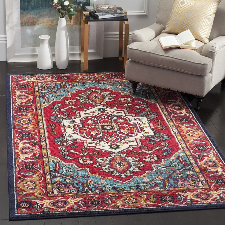 SAFAVIEH Boho Teppich für Wohnzimmer, Esszimmer, Schlafzimmer - Monaco Collection, Kurzer Flor, Rot und Türkis, 122 X 170 cm