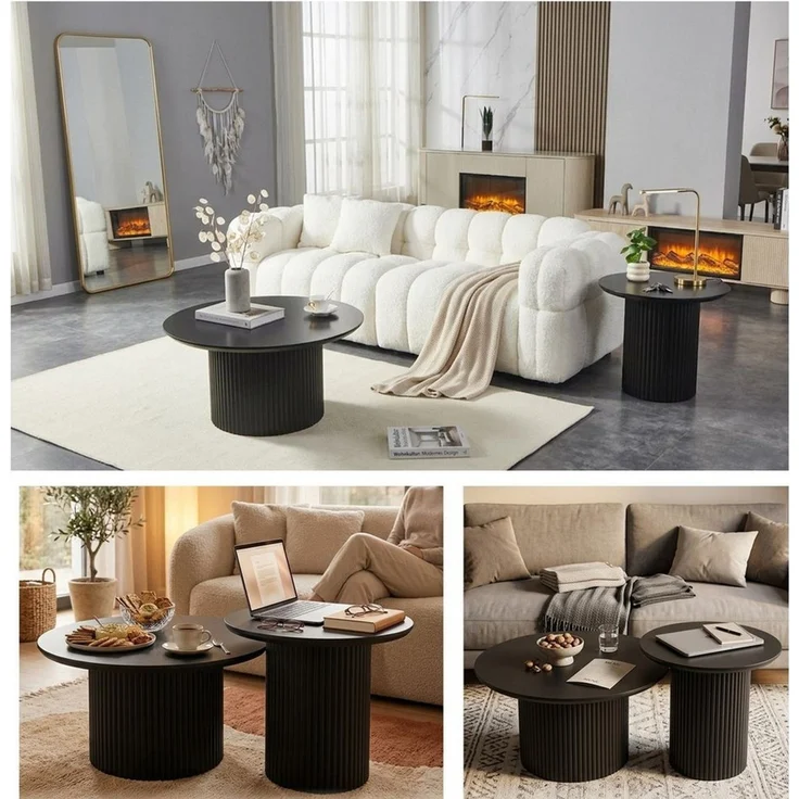 HOOZ Couchtisch Wohnzimmertisch rund 2er Set Trommel Gestell Schwarz 80 & 60 cm (Set, 2-St, 2× Satztisch), Sofatisch mit geriffeltem Gestell – stabil & pflegeleicht – Bild 2