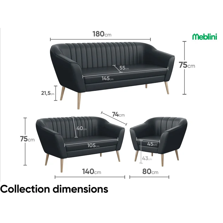 MEBLINI Sofa-Set KAIA 3+2+1 - Dunkelgrau Kunstleder - für Wohnzimmer - Mini Lounge für sechs Personen - Küchensofa - Sofa Klein - Sitzgarnitur - Polstergarnitur - Sofagarnituren – Bild 7