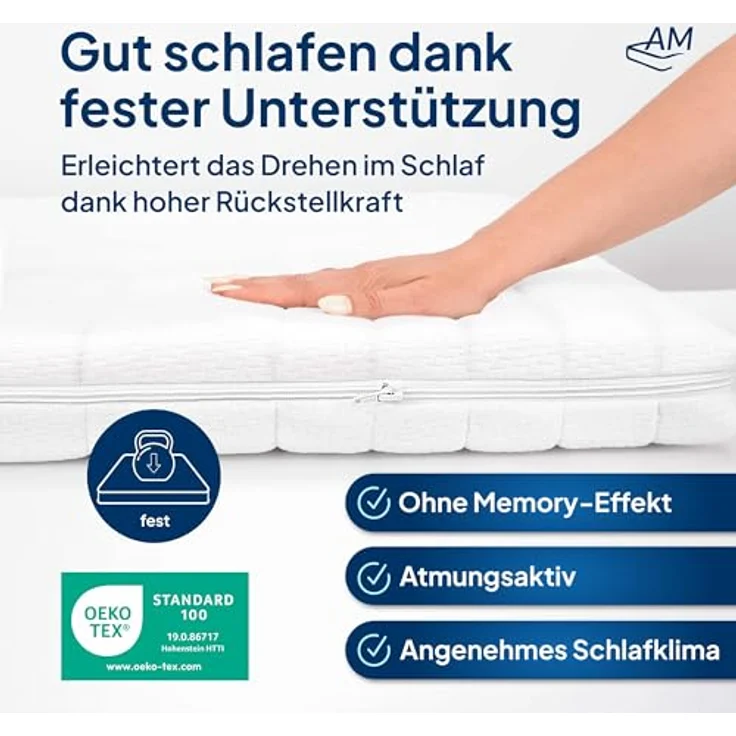 AM Qualitätsmatratzen Topper 150x220cm hart, Oeko-TEX zertifiziert, klimaregulierender Bezug, waschbar bis 60°C, Made in Germany – Bild 4