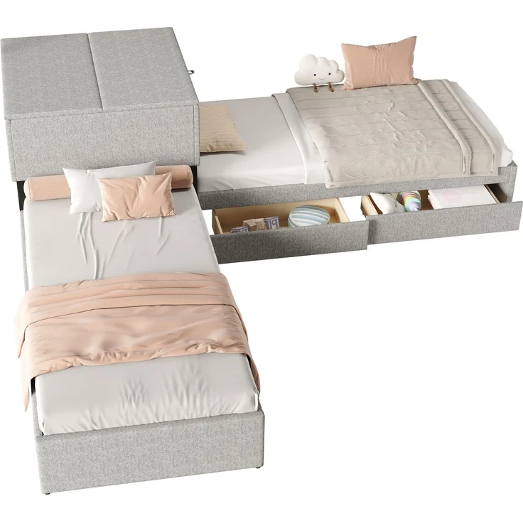 EINHOM Eckbett, Zwei Einzelbett mit Ausziehbett, Polsterbett, Funktionsbett mit Stauraum, mit Stauraumschrank, mit Stauraumschublade, mit Ausziehbett, 90 x 200 cm, Leinen, Grau, (Ohne Matratze) – Bild 8