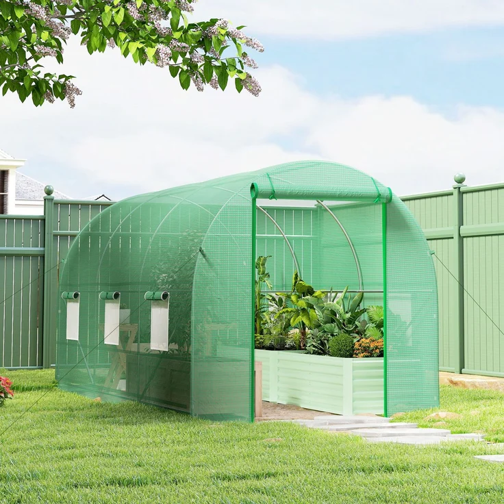Wohnora-m² großes Gartentunnelgewächshaus mit Tür und 6 Fenstern, 140 g/m² PE-Folie, 400 x 200 x 200 cm, grün,H 2000cm x T 1470cm x B 2000cm – Bild 1