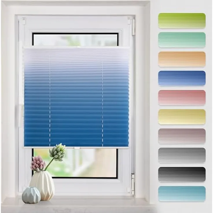 Buseu Plissee mit Farbverlauf 60x130cm (BxH), klemmfix ohne Bohren, blickdicht und lichtdurchlässig, blau-weiß