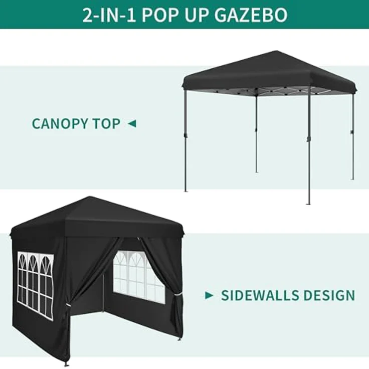 YITAHOME 2,5x2,5 wasserdichte Pavillon Faltpavillon mit Seitenteilen, Höhenverstellbar Faltbarer Pop up Pavillon Perfekt für Outdoor Partys, Camping, Märkte und Festivals, Schwarz – Bild 8