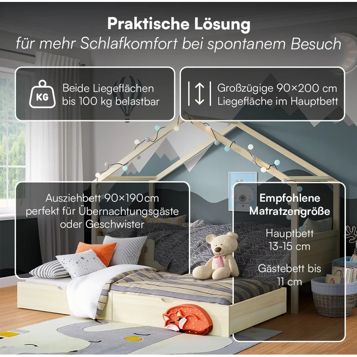 Bellabino 'Bela' Hausbett 90x200 cm mit Gästebett 90x190 cm, natur, Kiefer Massivholz, Montessori Kinderbett mit Ausziehbett, inkl. Rausfallschutz und Lattenrost – Bild 4