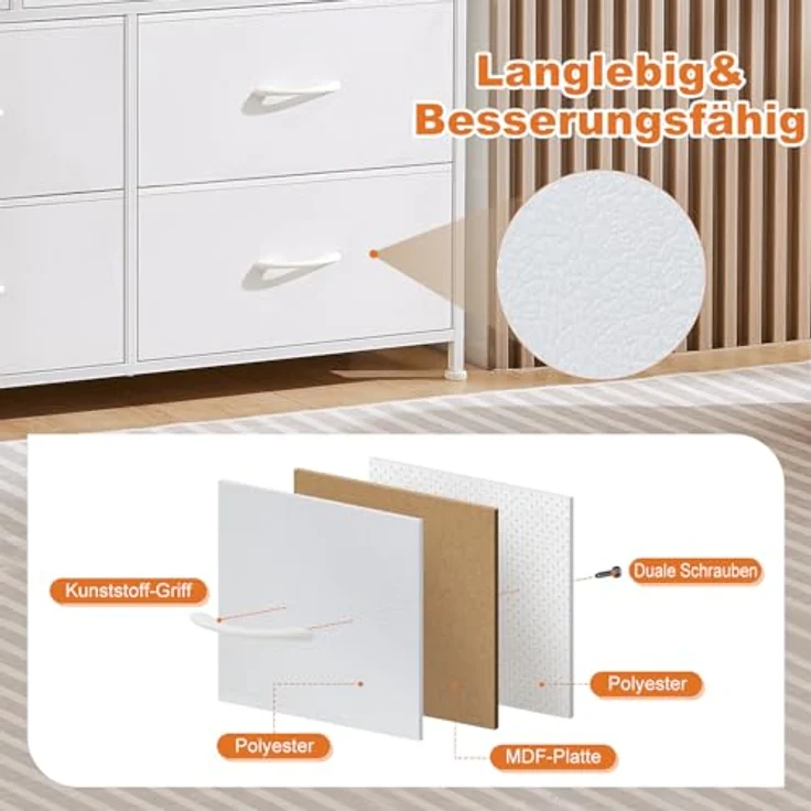 DUMOS Kommode für Schlafzimmer mit 7 Stoffschubladen hohe Kommode Organizer für Kleidung Schrank Kinderzimmer Aufbewahrungsturm mit Schrank Metallrahmen Holzplatte leichte Kinderzimmermöbel – Bild 7