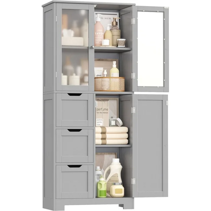 HOMECHO Hochschrank Badezimmerschrank mit 3 Türen und 3 Schubladen