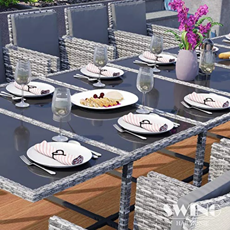 Swing&Harmonie Garten-Essgruppe Poly Rattan Sitzgruppe Esstisch Lounge Gartenmöbel, (Sitzgarnitur, Tisch, Stühle, Hocker Garnitur Set) – Bild 5
