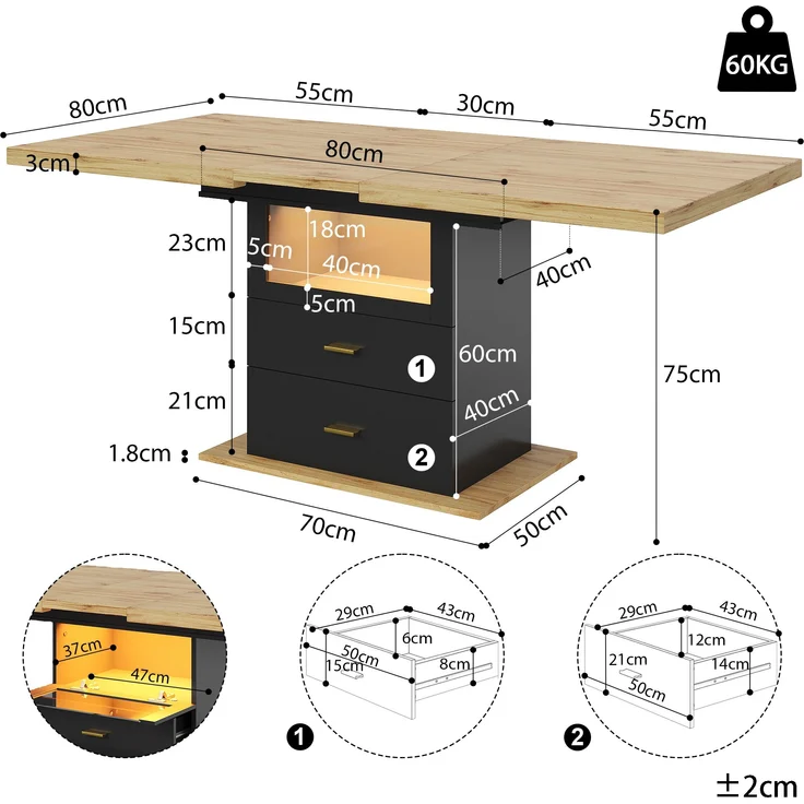 Ausziehbarer Esstisch mit LED-Beleuchtung 110/140x80x75 cm, Holzoptik, schwarzer Schrank & 2 Schubladen – Bild 10