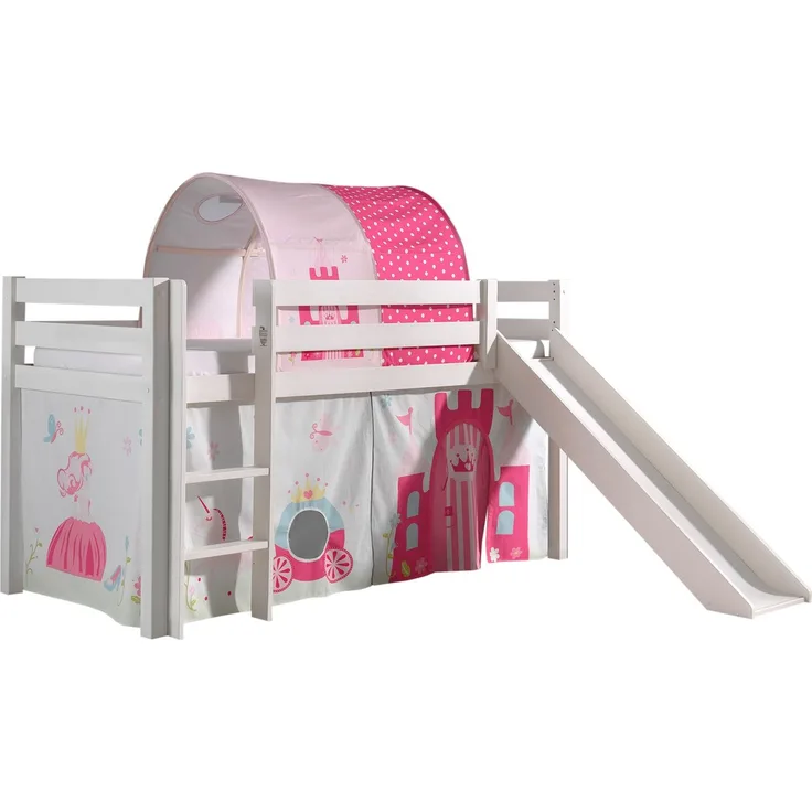 Vipack 'Pino' Halbhochbett weiß, inkl Rutsche, Vorhang 'Princess' und Tunnel