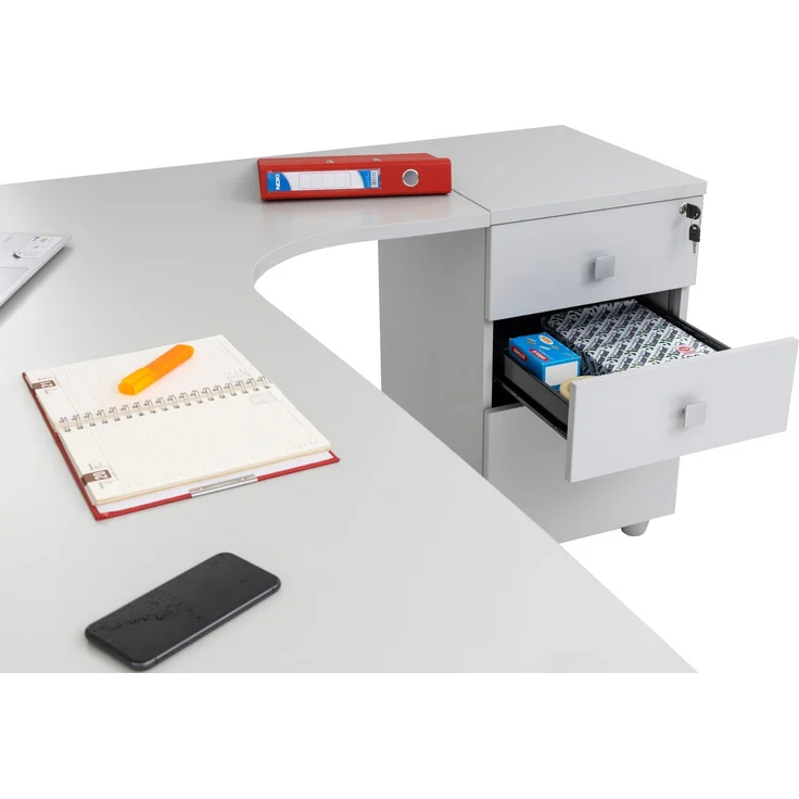 Winkelschreibtisch Dona, Holzfuß, grau Dekor, 180 cm x 120 cm x 74 cm, inkl. Beistellcontainer, rechts gewinkelt – Bild 9