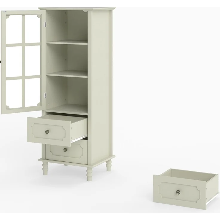 Vitrinenschrank 50x40x133 cm in Cremeweiß mit Glastür und 2 Schubladen – Bild 7