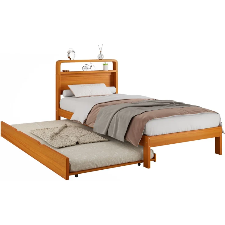 Merax Holzbett, Einzelbett, Kinderbett, 90x200 cm, mit Ausziehbett 90x190 cm, Funktionsbett mit links/rechts montierbarem Gästebett, Natur – Bild 10