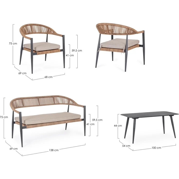 Garten-Set Jandia Aluminium Rattan, modern skandinavisch, anthrazit natur, mit Kissen für 4 Personen – Bild 5
