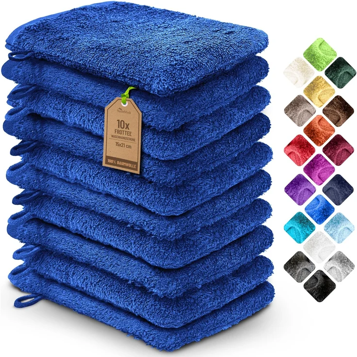 NatureMark 10x Waschhandschuhe aus Frottee 100% Baumwolle – Weich und Robust, Ideal für die tägliche Pflege und Gäste – Royal Blau, 15x21 cm