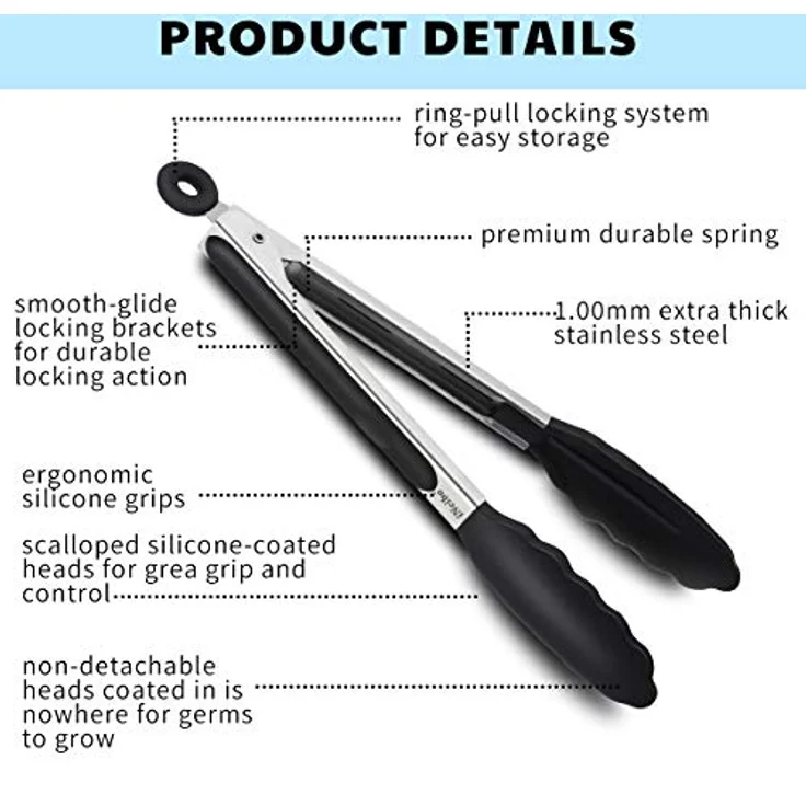 iNeibo Grillzange Küchenzange Zange Küche aus Rostfreim Edelstahl und Silikon Fleischzange Kochzange mit Hitzebeständigem Silikongriff 2er Set 30cm und 23cm Schwarz – Bild 4