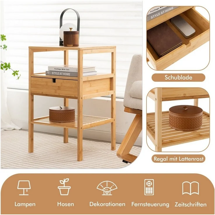 COSTWAY Nachttisch (1-St), mit 3-stufiges Lattenregal, Schublade, Bambus 40x40x68cm – Bild 2