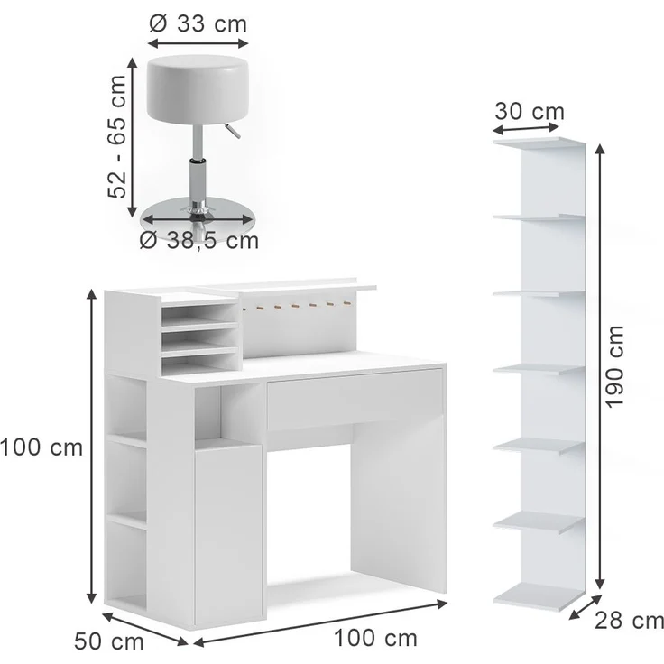 Schreibtisch Weiß 3 Teile, mit Bücherregal und Hocker Vicco – Bild 3