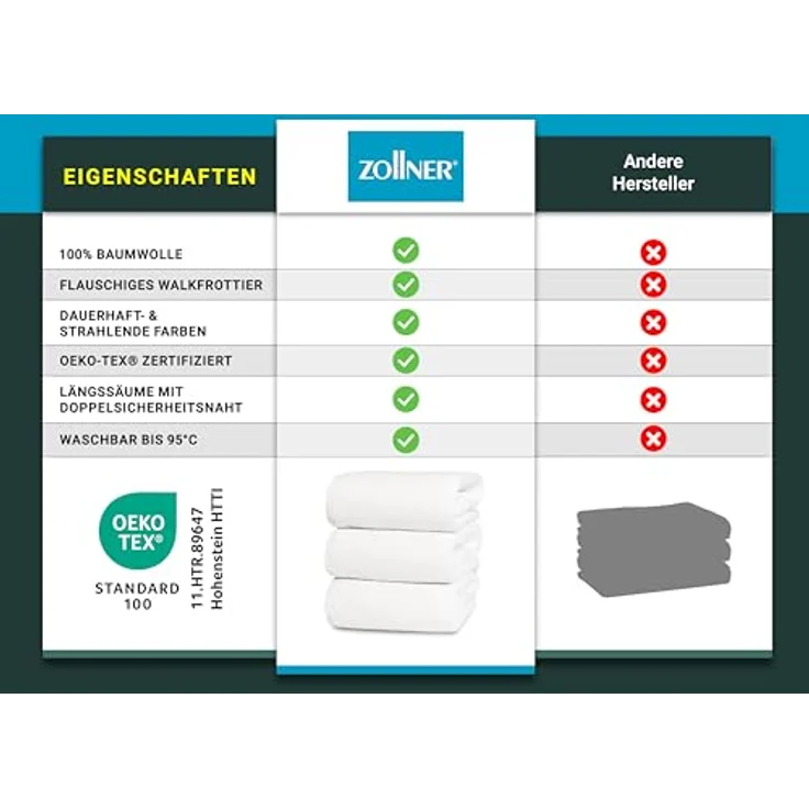 Zollner Duschtücher, Weiß, 70x140 cm, aus 100% Baumwolle, Oeko-Tex® Standard 100, waschbar bis 95°C, saugstarkes Walkfrottier – Bild 6