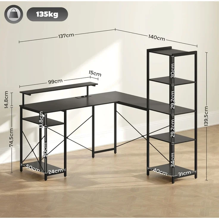 L-förmiger Eckschreibtisch mit Monitorständer und Ablagen, 137x140x139,5 cm,Schwarz – Bild 5