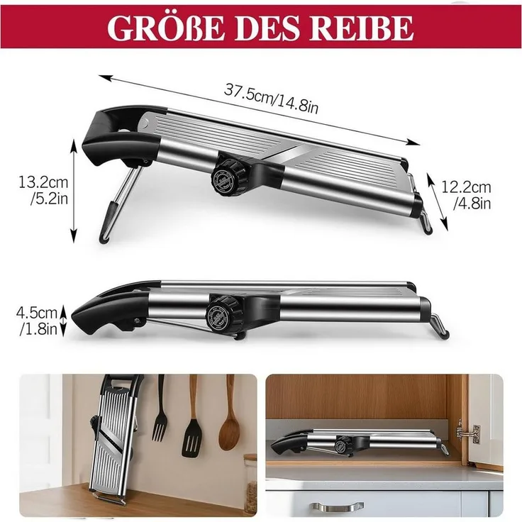 TUWENA Gemüsehobel Mandoline 5-In-1 Gemüseschneider Verstellbar Dünne Scheiben, Edelstahl Mehrzweck Küchenhobel Küchenreibe mit Klingenschützer