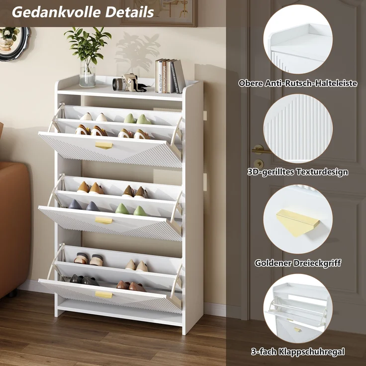 Schuhschrank Set 2-teilig 140x30x120 cm Weiß 3 Klapptüren verstellbare Trennwände gold Griffe – Bild 3