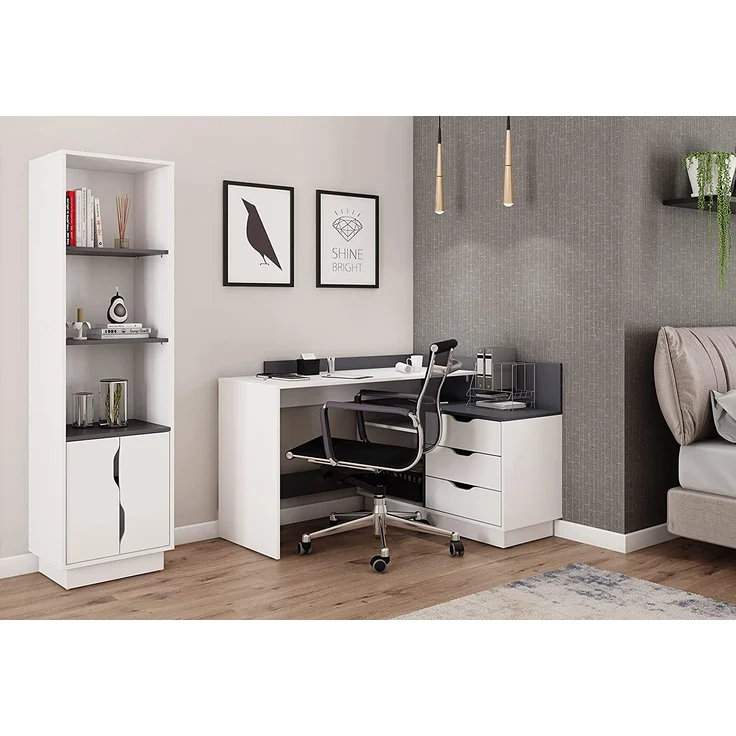 byLIVING Winkelschreibtisch BELFAST / Rechts oder Links montierbar / 3 Schubkästen / matt weiß - anthrazit /Bürotisch / Eckschreibtisch / Schreibtisch / B 129, H 83,5, T 105 cm – Bild 3