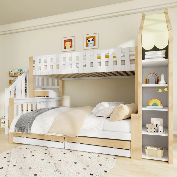 Etagenbett 90x200 cm + 140x200 cm mit Hausdach-Design, Sicherheitsgeländer, Stauraumleiter, offenen Fächern & 2 Schubladen – Bild 7