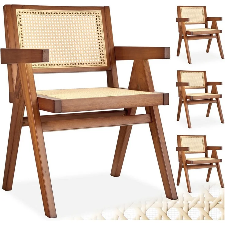tectake Esszimmerstuhl Armlehnstuhl im Boho-Stil, 59 x 56,5 x 82,5 cm, Belastbarkeit 120 kg (Sessel Lissy in Eiche dunkel, 4 St), große Rückenlehne und Sitzfläche mit Wiener Geflecht, Holzgestell – Bild 1