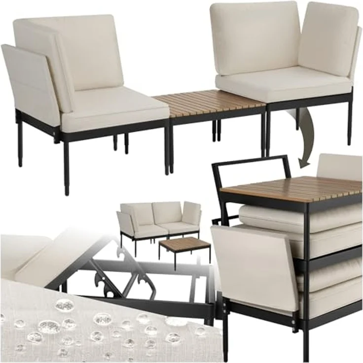 tectake Gartenlounge-Set Aluminium Gartenlounge-Set, (Set, 3-tlg), Kompakter Couchtisch mit Lamellen in natürlichem Holzlook – Bild 1