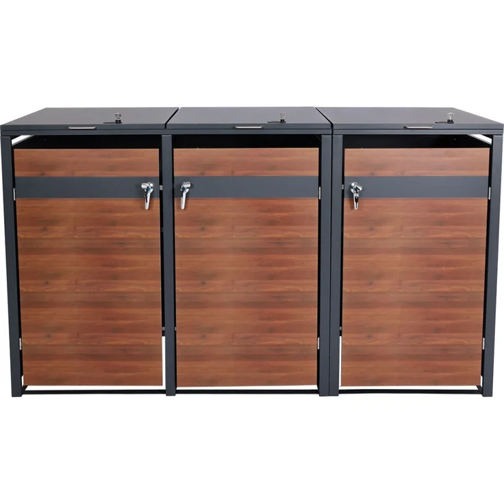 3er Mülltonnenverkleidung HWC-J82, Mülltonnenbox, erweiterbar, Metall 80kg, anthrazit ~ Kirsche-Holzoptik dunkelbraun – Bild 6